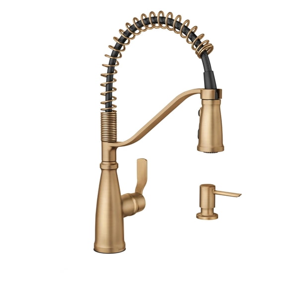 Moen Nolia Bronzed Gold One-Handle Single Hole Spring Kitchen Faucet with Pull Down Sprayer and Soap Dispenser