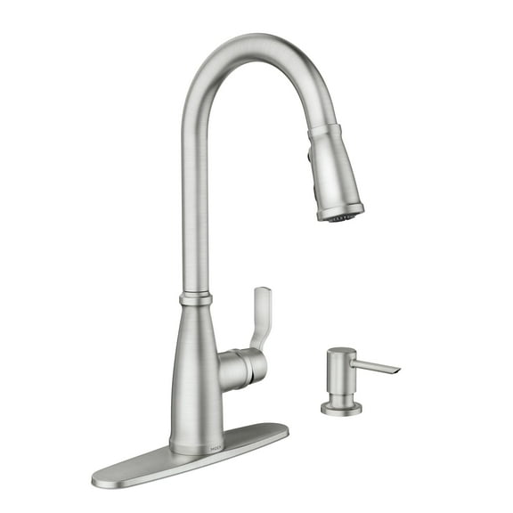 Moen Nolia Spot Resist Stainless One-Handle High Arc Kitchen Faucet with Pull Down Sprayer and Soap Dispenser, Kitchen Sink Faucet Featuring Power Boost Technology, 87071SRS