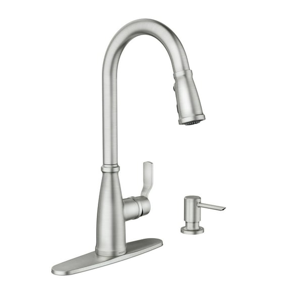 Moen Nolia Spot Resist Stainless One-Handle High Arc Kitchen Faucet with Pull Down Sprayer and Soap Dispenser, Kitchen Sink Faucet Featuring Power Boost Technology, 87071SRS