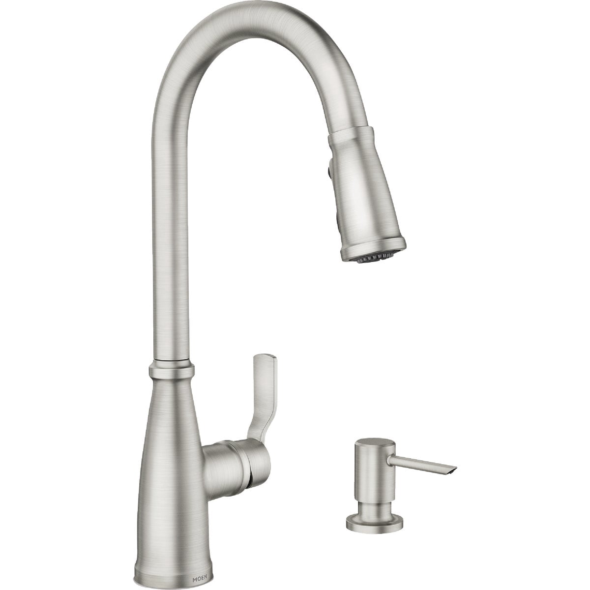 Moen Nolia Spot Resist Stainless One-Handle High Arc Kitchen Faucet with Pull Down Sprayer and Soap Dispenser, Kitchen Sink Faucet Featuring Power Boost Technology, 87071SRS