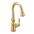 thumbnail image 1 of Moen S53004BG Weymouth Shepherd's Hook Pulldown Kitchen Bar Faucet Featuring Metal Wand with Power Clean, Brushed Gold, 1 of 7