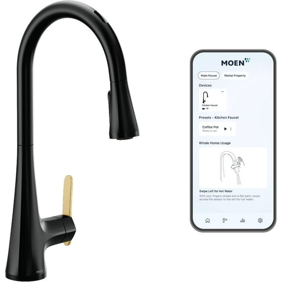 Moen Sinema Matte Black Smart Faucet Touchless Pull-Down Sprayer Kitchen Faucet with Voice and Motion Control, S7235EV2BL