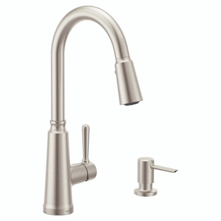Moen Trew Stainless Kitchen Faucet with Soap Dispenser and Pulldown with Power Boost, Transitional Kitchen Faucet, One-Handle High Arc Easy Installation, Spot Resist Finish