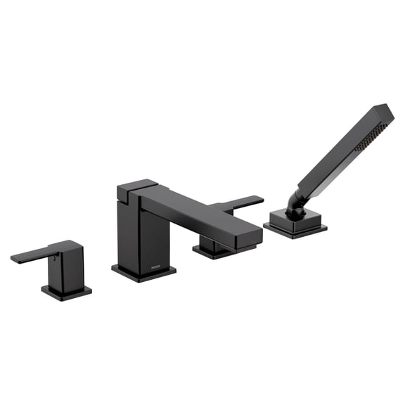 Moen TS914BL 90 Degree Matte Black Two-Handle Deck Mount Roman Tub Faucet Trim Kit with Handshower, Valve Required