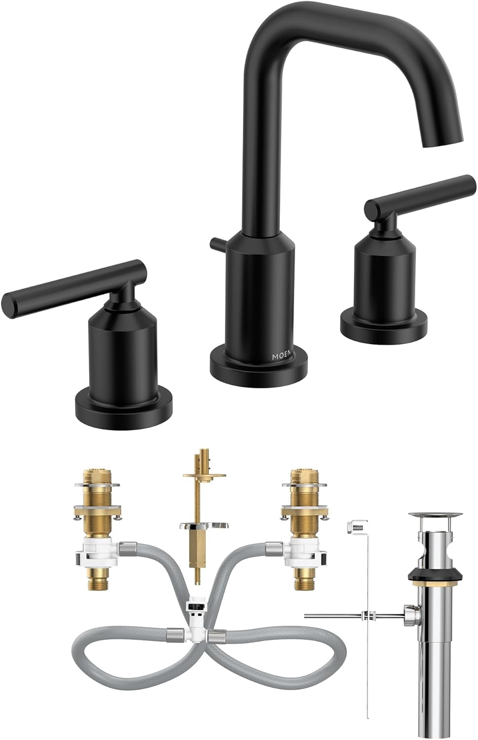 Moen TV6142BL Gibson Matte Black Two-Handle High Arc Widespread Bathroom Sink Faucet for 3-Hole Setups with Valve Included