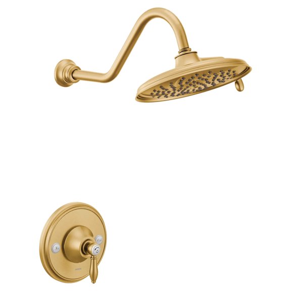 Moen Weymouth Brushed Gold Posi-Temp Shower Trim Kit, Valve Required, including 9-Inch 2-Spray Eco-Performance Rainshower