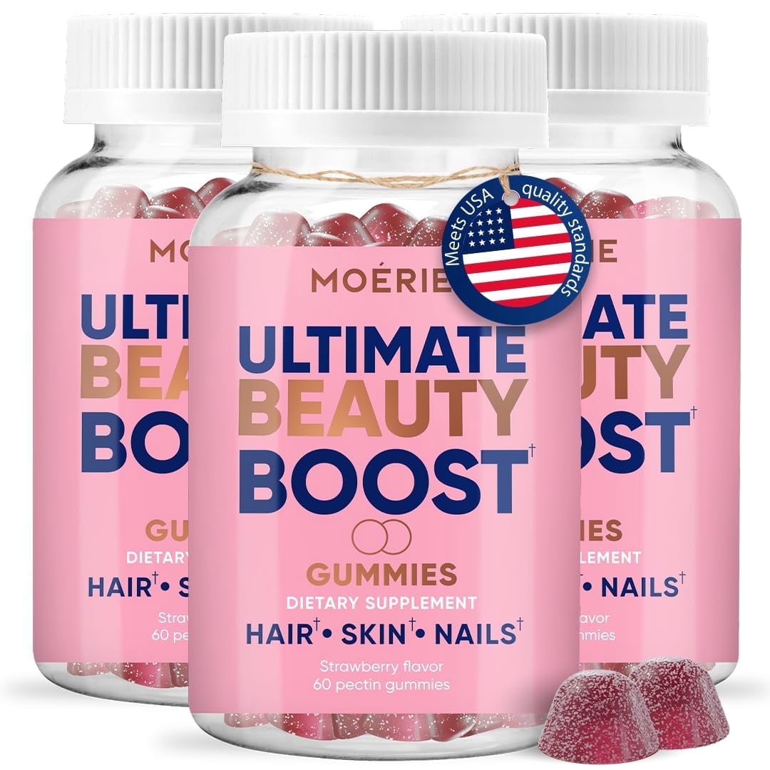 Moerie Hair Skin and Nails Gummies for Women & Men - Biotin for Hair Loss, Gummy Vitamins & Growth Dietary Supplements - Sugarbear for Thicker Hair - Allergen Free - 180 per serving - Balanced Diet
