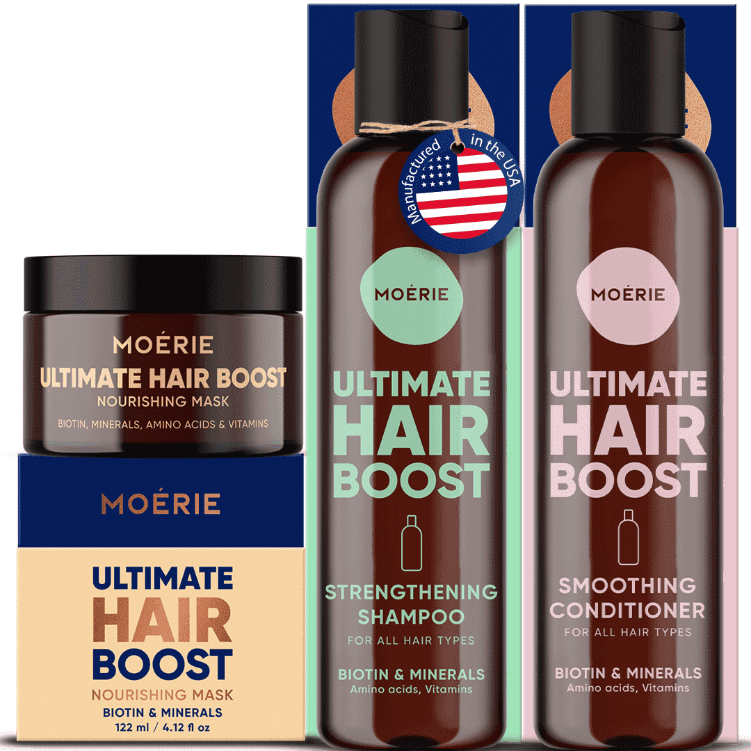 Moerie Mineral Shampoo And Conditioner Plus Hair Mask Pack - The Ultimate Hair Care Set - For Longer, Thicker, Fuller Hair - Vegan Hair Products - Paraben Free Hair Products