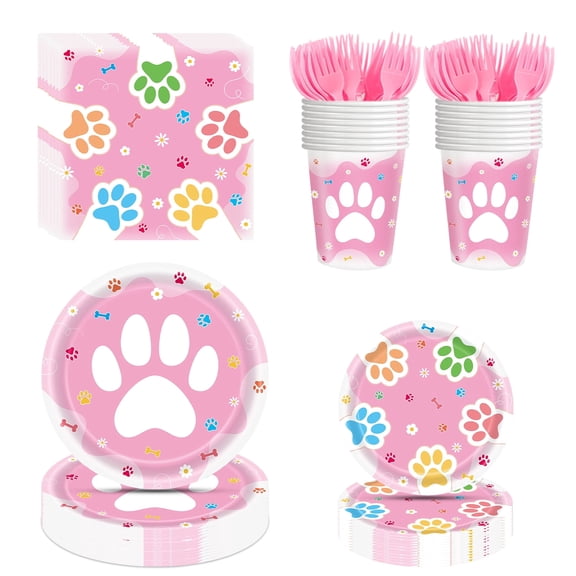 Moerstar Pink Birthday Party Decorations for 100Pcs 20 Guests, Dog Plates and Napkins Party Supplies, Dog Theme Tableware Set for Kids Birthday Party