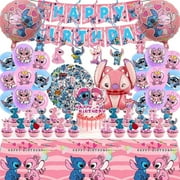 Moerstar Stitch Birthday Party Decorations 101pcs Pink Stitch Theme Party Supplies Set Cake Toppers Balloons Banner, Happy Birthday Decorations