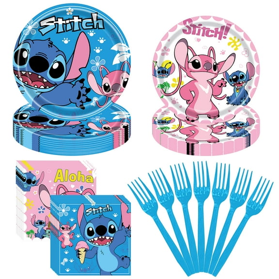 Moerstar Stitch Birthday Party Decorations for 80Pcs 20 Guests, Stitch Plates and Napkins Party Supplies, Blue Pink Tableware Set for Kids Birthday