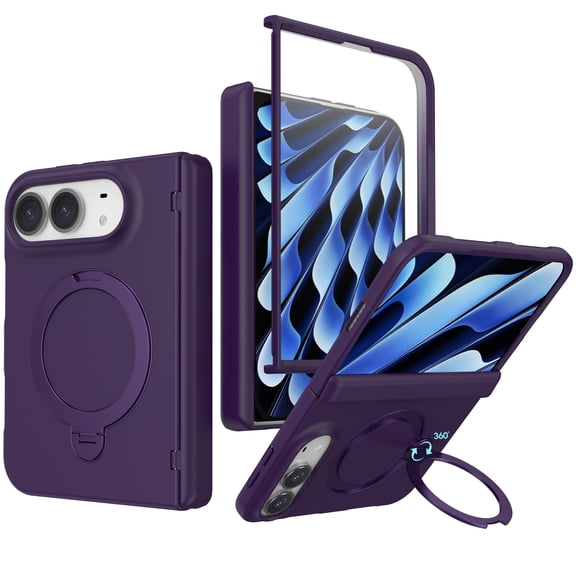 Mofio for Apple iPhone Duo Case, All-Around Folding Cover with 360 Rotating Magnetic Ring Stand and Integrated Front Glass Screen Protector Shield, Darkpurple