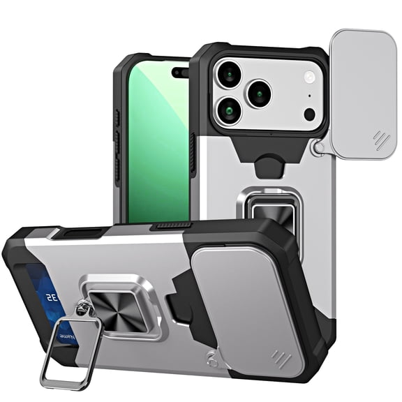 Mofio Case for iPhone 18 Pro, Slide Camera Lens Cover, Rotating Ring Kickstand, Hidden Credit Card Holder Slot, Magnetic Car Mount Ready PC TPU Heavy Duty Cover, Silver