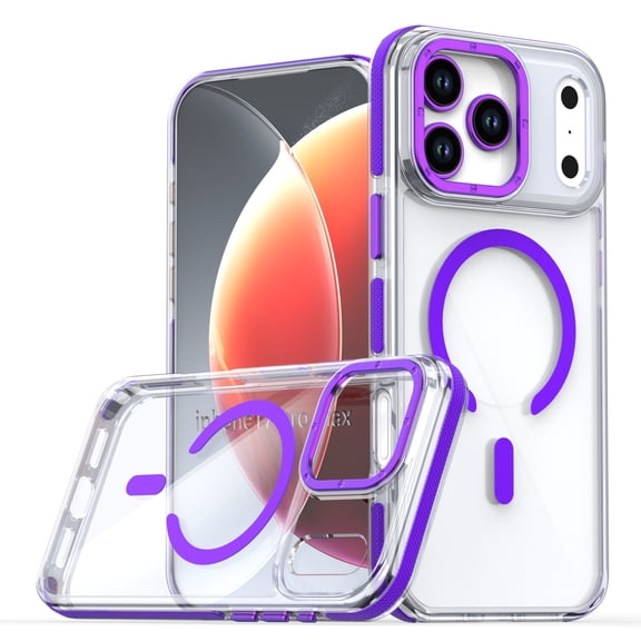 Mofio Clear Case for iPhone 18 Pro Max, Strong Magnetic Wireless Charging, Metal Buttons Aluminum Camera Rim, PC TPU Shockproof Slim Cover, Purple