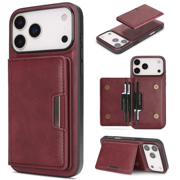 Mofio Wallet Case for iPhone 18 Pro Max, 2 in 1 Magnetic Detachable Card Holder Kickstand, Compatible with MagSafe, PU Leather TPU Bumper Cover, Winered