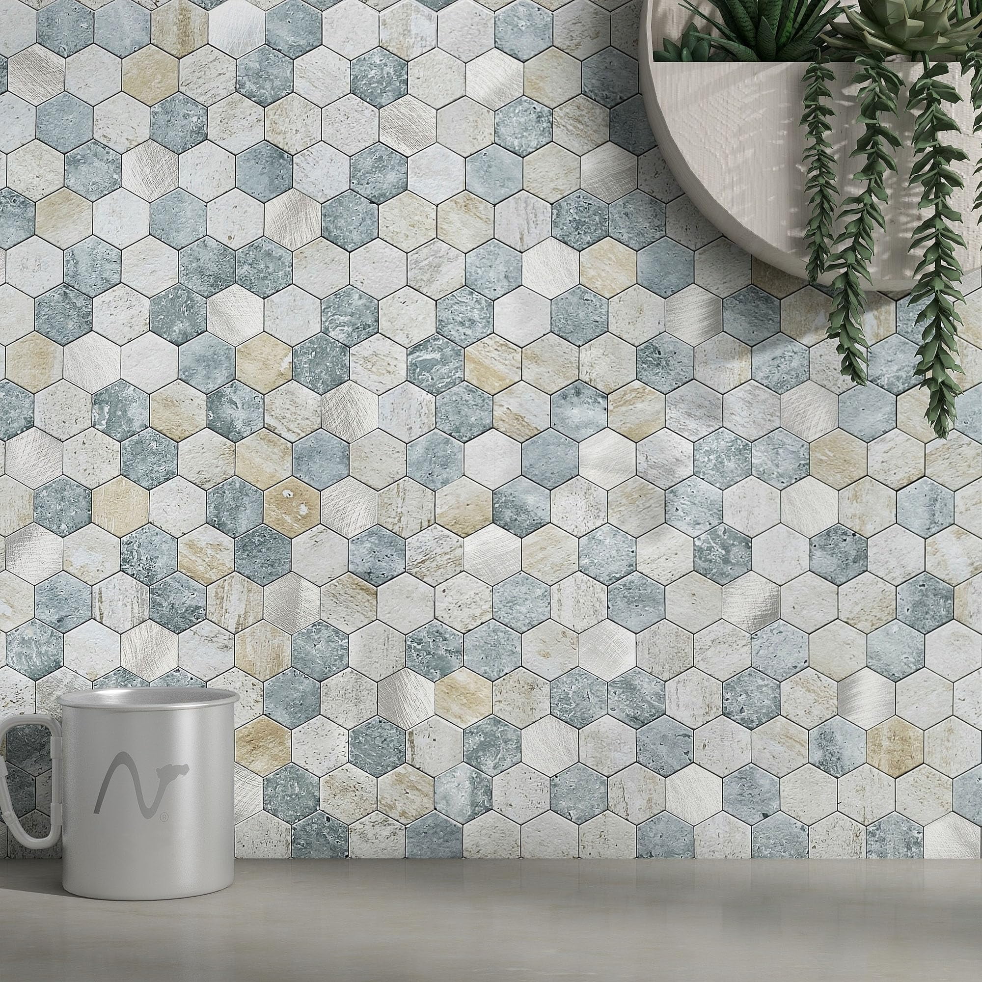 Mofit Hexagon Peel And Stick Backsplash Tiles Kitchen Self-adhesive Metal Marble Wall Sticker Mosaic Heat Resistant(blue Green Gray 5sheets)