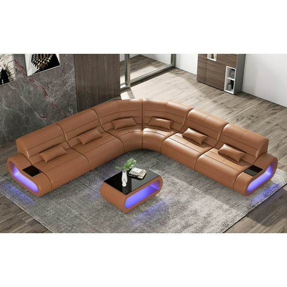 Mofit Home, Catina Leather Corner Sectional with LED Storage, Brown, USB Ports, and Multi-Color Lighting Options, Perfect for Family Gatherings and Movie Nights.