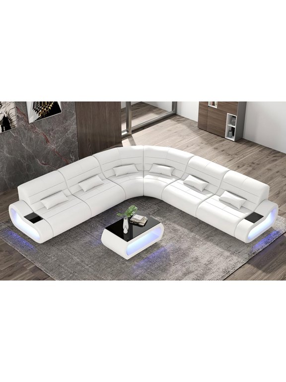 , Catina Leather Corner Sectional with LED Storage, White, USB Ports, and Multi-Color Lighting Options, Perfect for Family Gatherings and Movie Nights. 【Coffee table not included】
