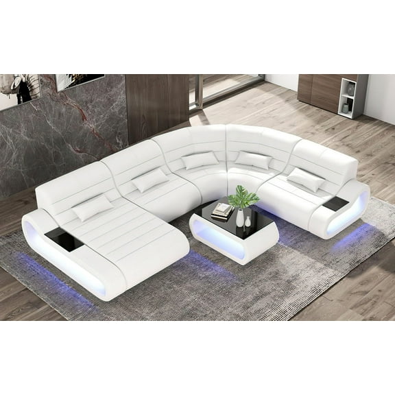 Mofit Home Catina Leather Led lit Storage Sectional Sofa, White