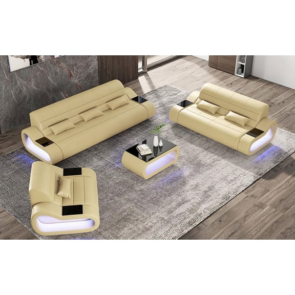 Mofit Home, Catina Modern Leather Sofa Set with LED Light, Beige, Bonded Leather, USB Ports, and Multi-Color Lighting Options, Perfect for Family Gatherings and Movie Nights.