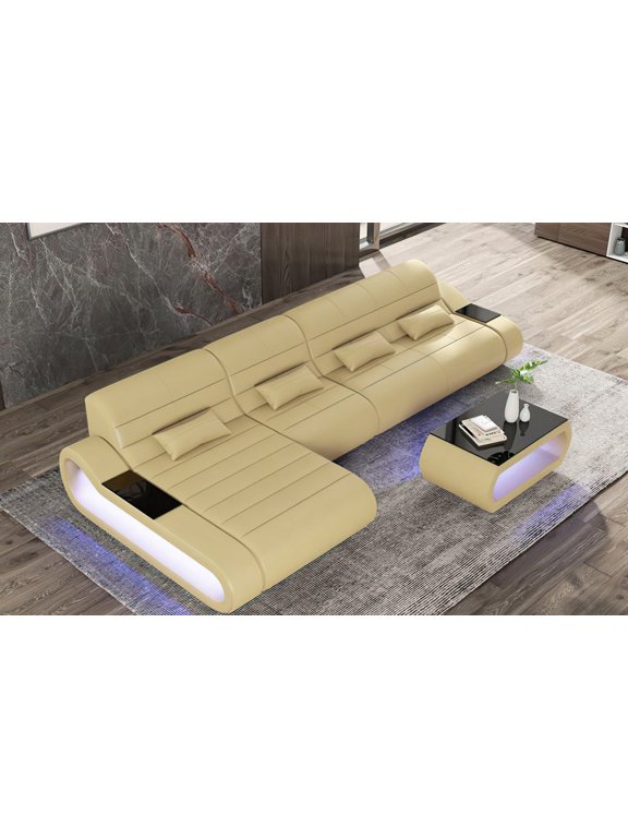 , Catina Small Leather Sectional with Pillows, Beige, USB Ports, and Multi-Color Lighting Options, Perfect for Family Gatherings and Movie Nights.