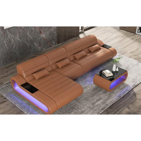 Mofit Home, Catina Small Leather Sectional with Pillows, Brown, USB Ports, and Multi-Color Lighting Options, Perfect for Family Gatherings and Movie Nights.