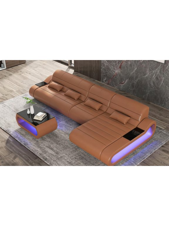 , Catina Small Leather Sectional with Pillows, Brown, USB Ports, and Multi-Color Lighting Options, Perfect for Family Gatherings and Movie Nights.