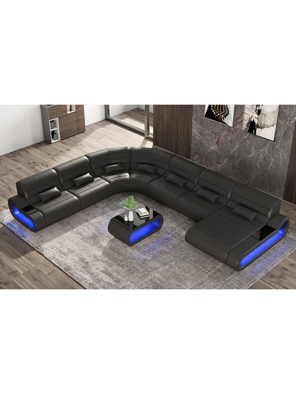 , Catina XL Leather Sectional with LED Light, Black, Perfect for Family Gatherings and Movie Nights.