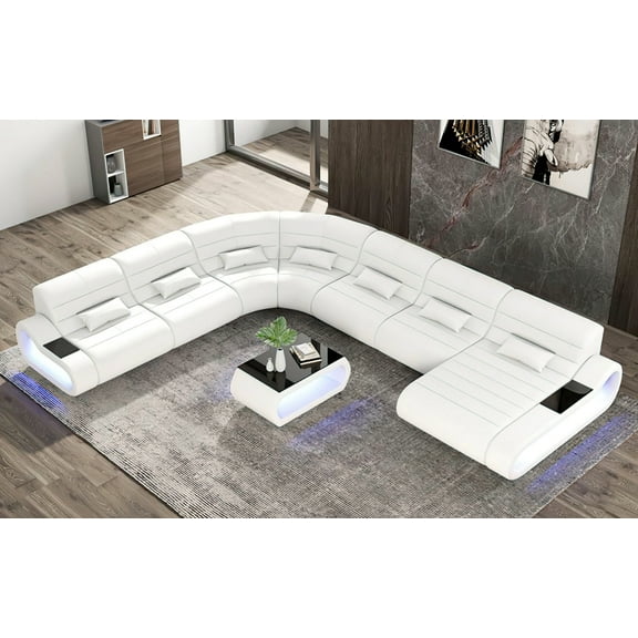 Mofit Home, Catina XL Leather Sectional with LED Light, White, Perfect for Family Gatherings and Movie Nights. 【Coffee table not included】