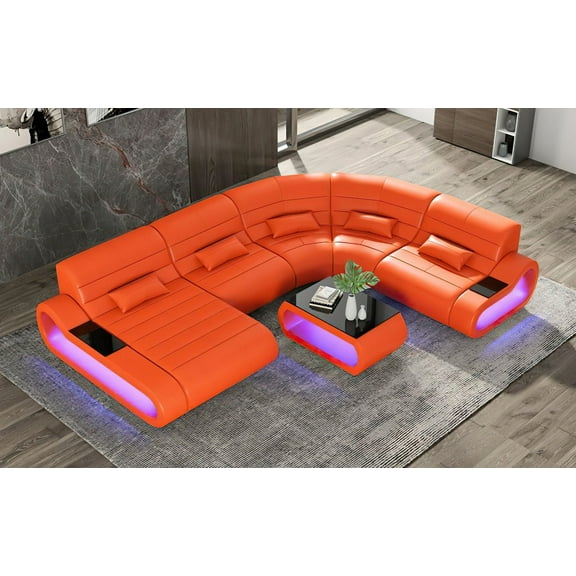 Mofit Home Contemporary Bonded Leather Led Light Storage Sectional Sofa Living Room Set Orange