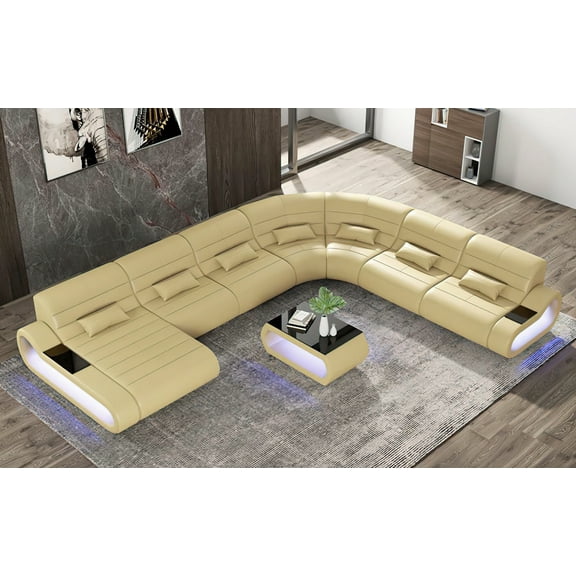 Mofit Home Leather Led Light Sectional Sofa with Pillows, Beige