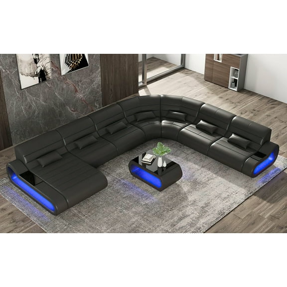 Mofit Home Leather Led Light Sectional Sofa with Pillows, Black