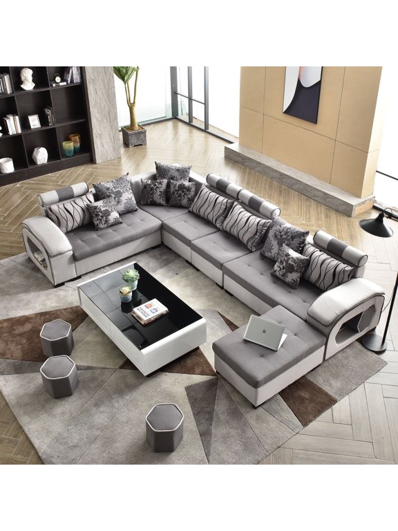 Leather and Fabric Adjustable Armrest Sectional Sofa with Cushion, Gray