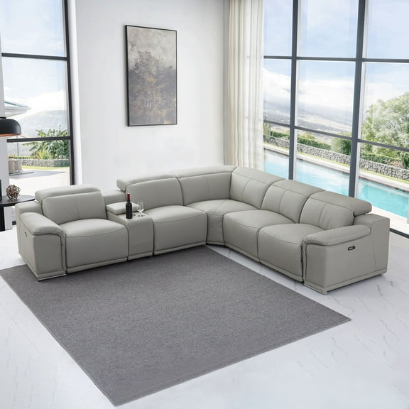 Mofit Home,Living Room,Cindy 6PCS Modern Motion Reclining Sectional with Console,USB,Manuel Adjustable Headrest,Power Recliner,Light Grey
