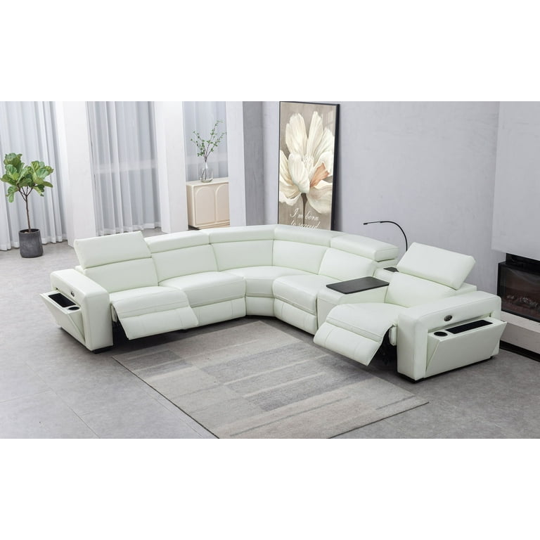 Mofit Home Living Room Lydia 6pc Modern Motion Reclining Sectional with Console Manuel Adjustable Headrest Power Recliner White