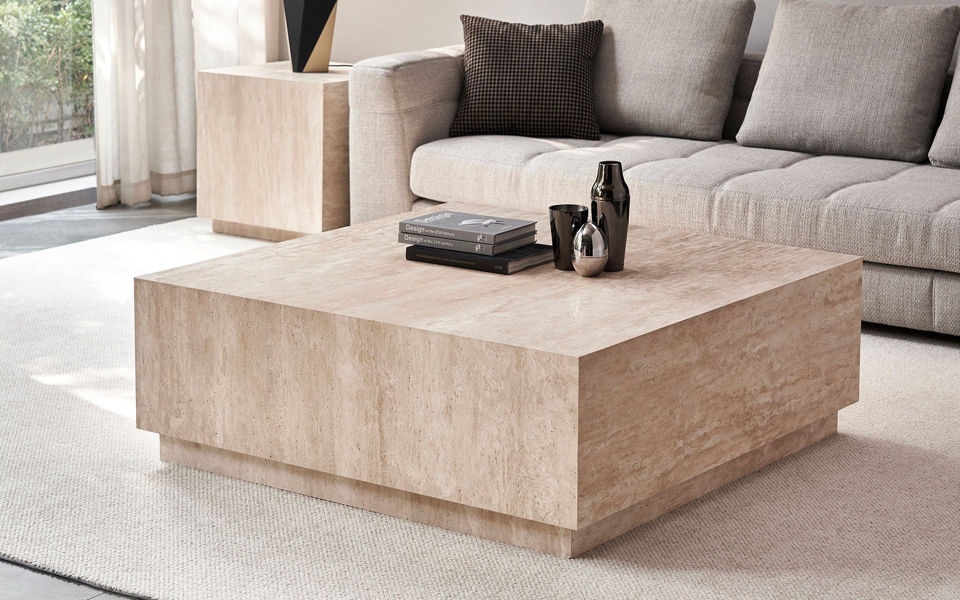 Mofit Home Modern Elegant Wood Block Coffee Table with Beige Travertine ...