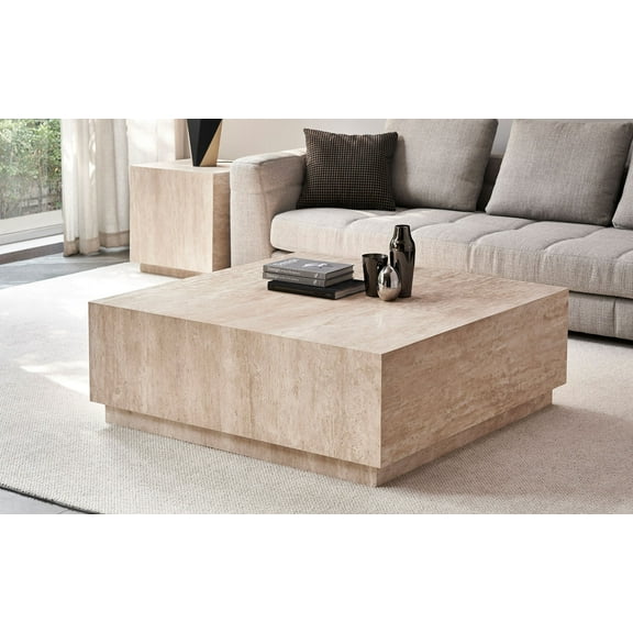 Mofit Home, Modern, Elegant, Beige Travertine+Wood Coffee Table, Living room, Furniture for Living Room, Square, 1pc
