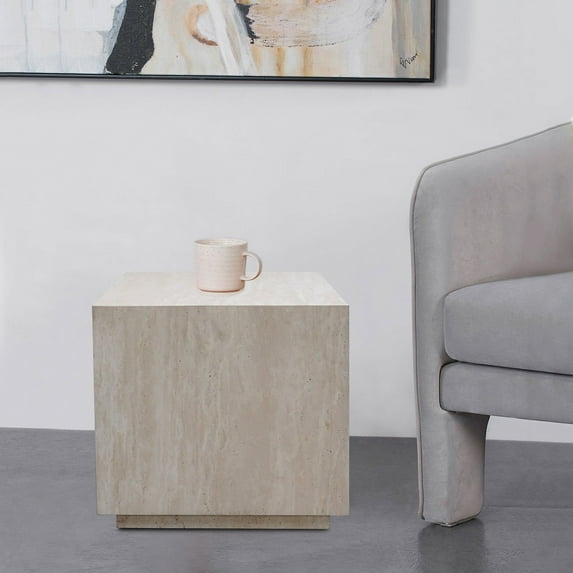 Mofit Home, Modern, Elegant, Beige Travertine+Wood EndTable, Cubic, Furniture for Living Room, Living Room, 1pc