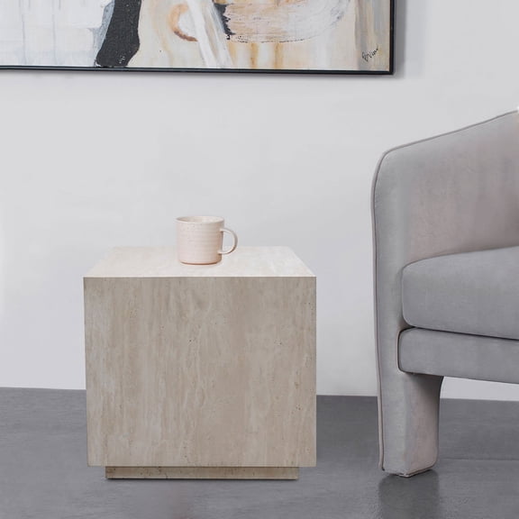 Mofit Home, Modern, Elegant, Beige Travertine+Wood EndTable, Cubic, Furniture for Living Room, Living Room, 1pc