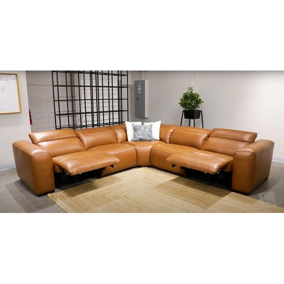 Mofit Home,ROSABELLA 5PC MODERN LEATHER RECLINING SECTIONAL, Living room, Furniture for Living Room,Leather,Camel, Left Hand Facing