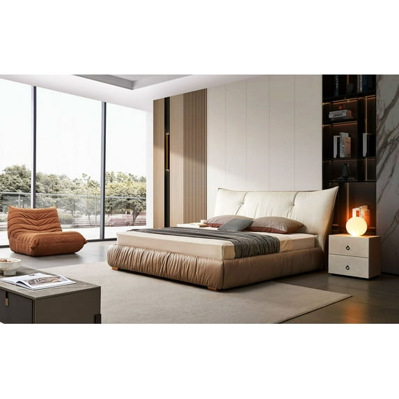 Mofit Home, Rangel Cozy Modern Leather Platform Bed - Luxurious Bedroom Furniture with Upholstered Headboard, King Size, Sturdy Steel Frame, and Easy Assembly - Classic Beige & Brown Color