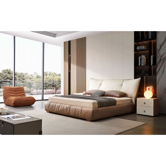 Mofit Home, Rangel Cozy Modern Leather Platform Bed - Luxurious Bedroom Furniture with Upholstered Headboard, Queen Size, Sturdy Steel Frame, and Easy Assembly - Classic Beige & Brown Color