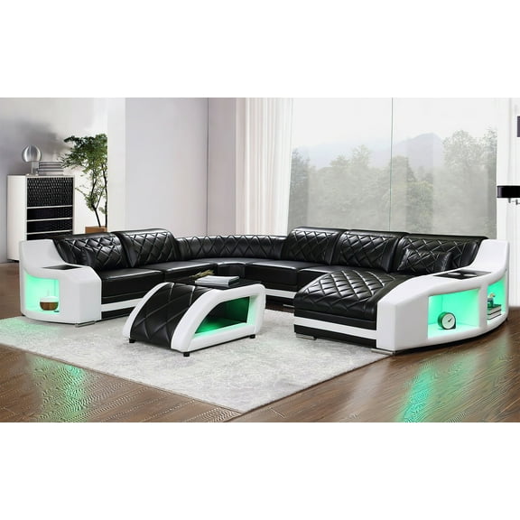 Mofit Home, Saturn Modern Leather Sectional with Shaped Chaise, LED Light, Adjustable Headrests, Storage Spaces, Cup Holders - Top Grain Leather - Modern Design