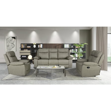 MofitHome, 3-Piece Modern Fabric Living Room Manual Recliner Sofa Set, Taupe
