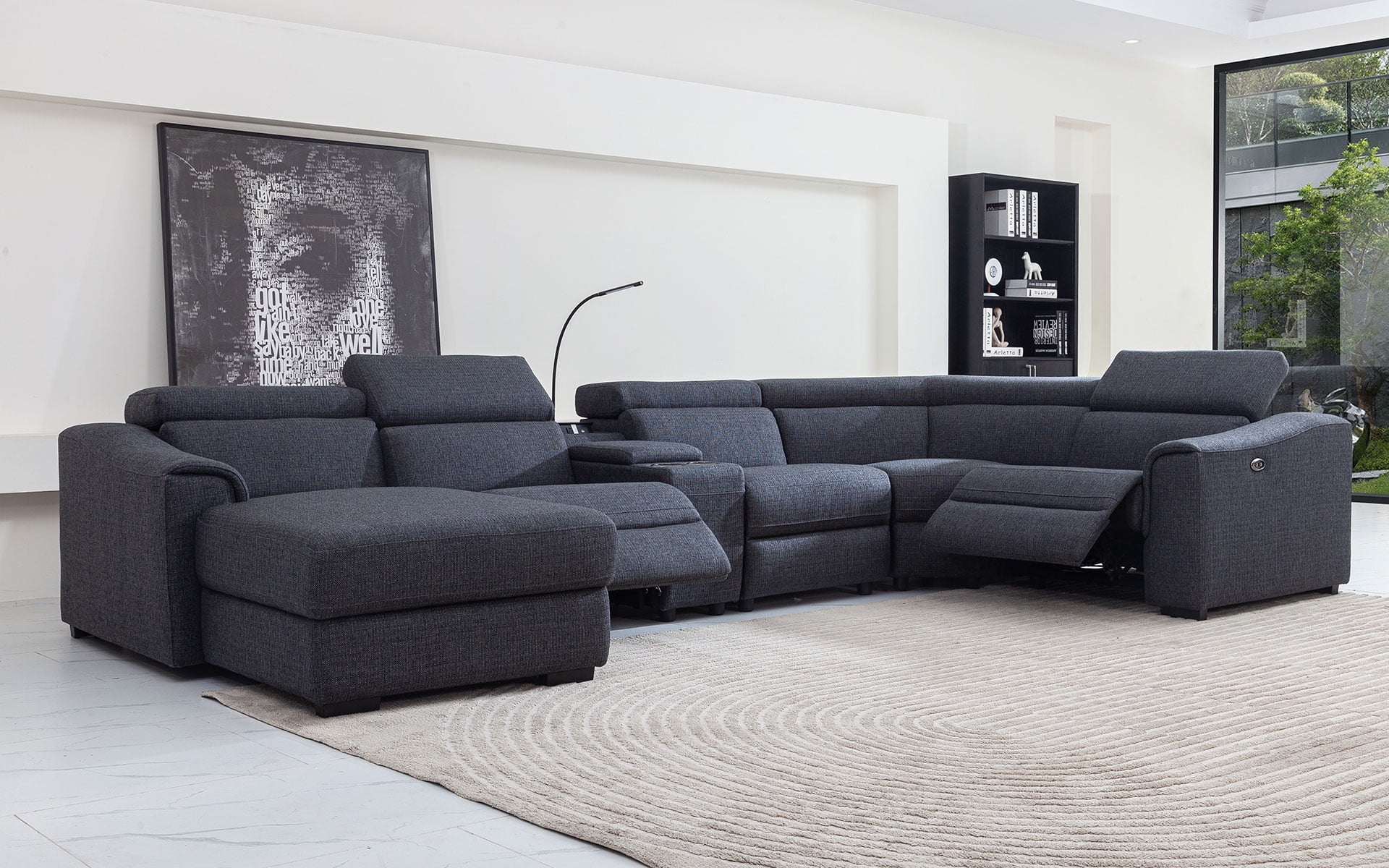 MofitHome Living Room Lynn 6PCS Modern Motion Reclining Sectional with Left Hand Facing Chaise Console with LED Reading Light Power Outlet with USB Panel Dark Grey Walmart