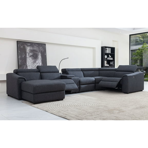 MofitHome,Living Room,Lynn 6PCS Modern Motion Reclining Sectional with Left Hand Facing Chaise,Console with LED Reading Light,Power Outlet with USB Panel,Dark Grey