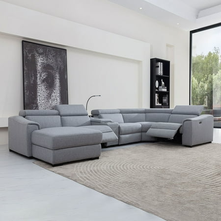 MofitHome,Living Room,Lynn 6PCS Modern Motion Reclining Sectional with Left Hand Facing Chaise,Console with LED Reading Light,Power Outlet with USB Panel,Light Grey
