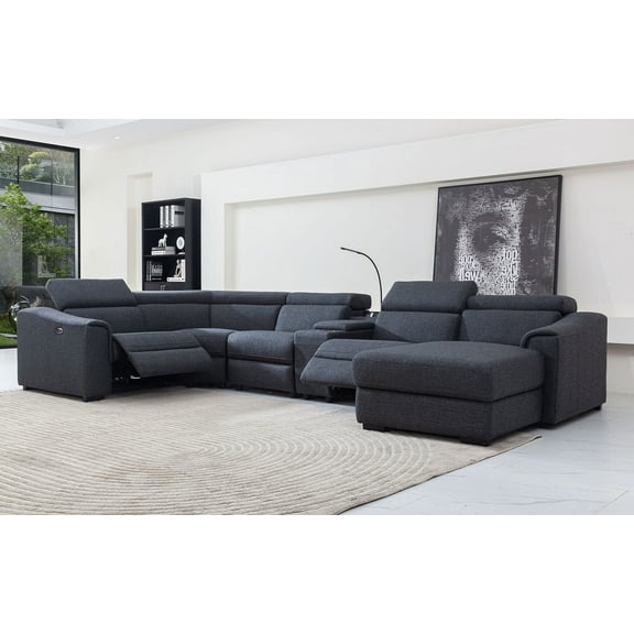 MofitHome,Living Room,Lynn 6PCS Modern Motion Reclining Sectional with Right Hand Facing Chaise,Console with LED Reading Light,Power Outlet with USB Panel,Dark Grey