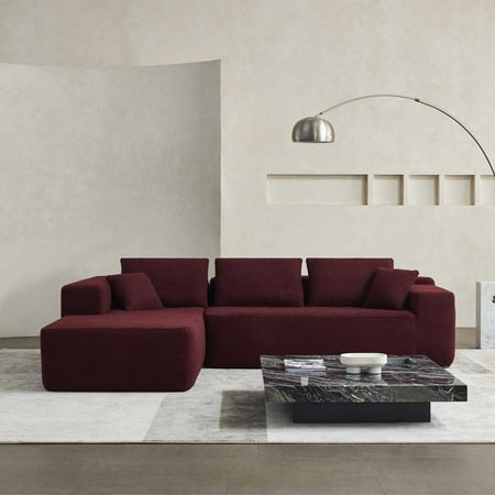 MofitHome, Two Seat Upholstered Sofa With Chaise, Burgundy, Left Hand Facing, Living Room, Fabric, L-shaped Design, Modern Minimalist Style.