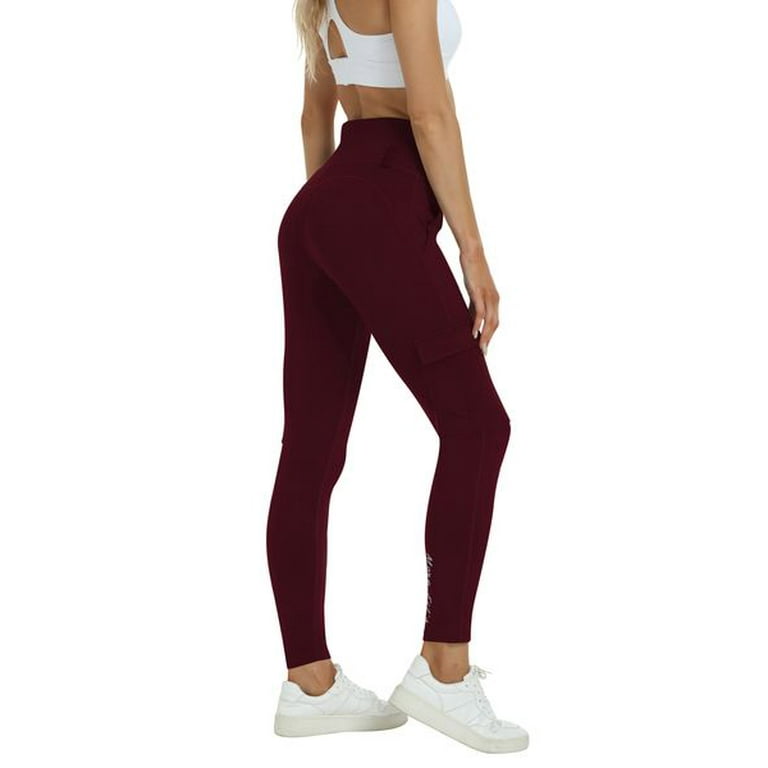 Mofiz Womens Yoga Pants With Pockets High Waisted Leggings Outdoor Running  Pants Wine red Size S-XL